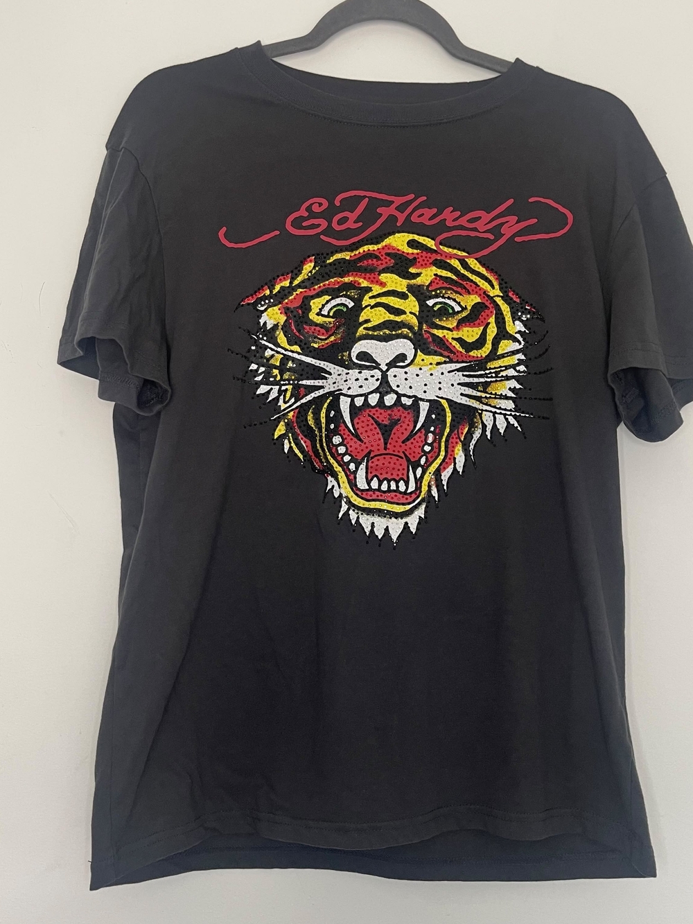 Ed Hardy Black Tiger Rhinestone Graphic Cotton Crew Neck Short Sleeve T-Shirt M